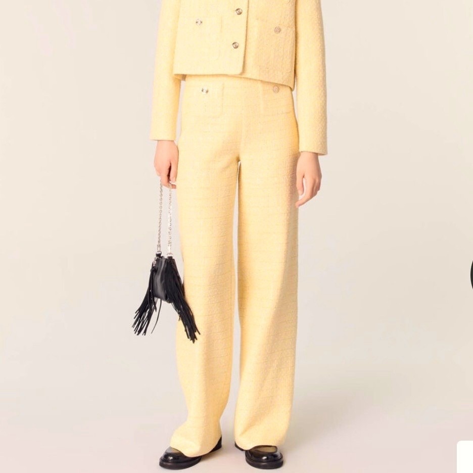 Maje Yellow Tweed Wide Leg Pants Metallic Boucle Trousers Fr 36 / Us 4 Luxury